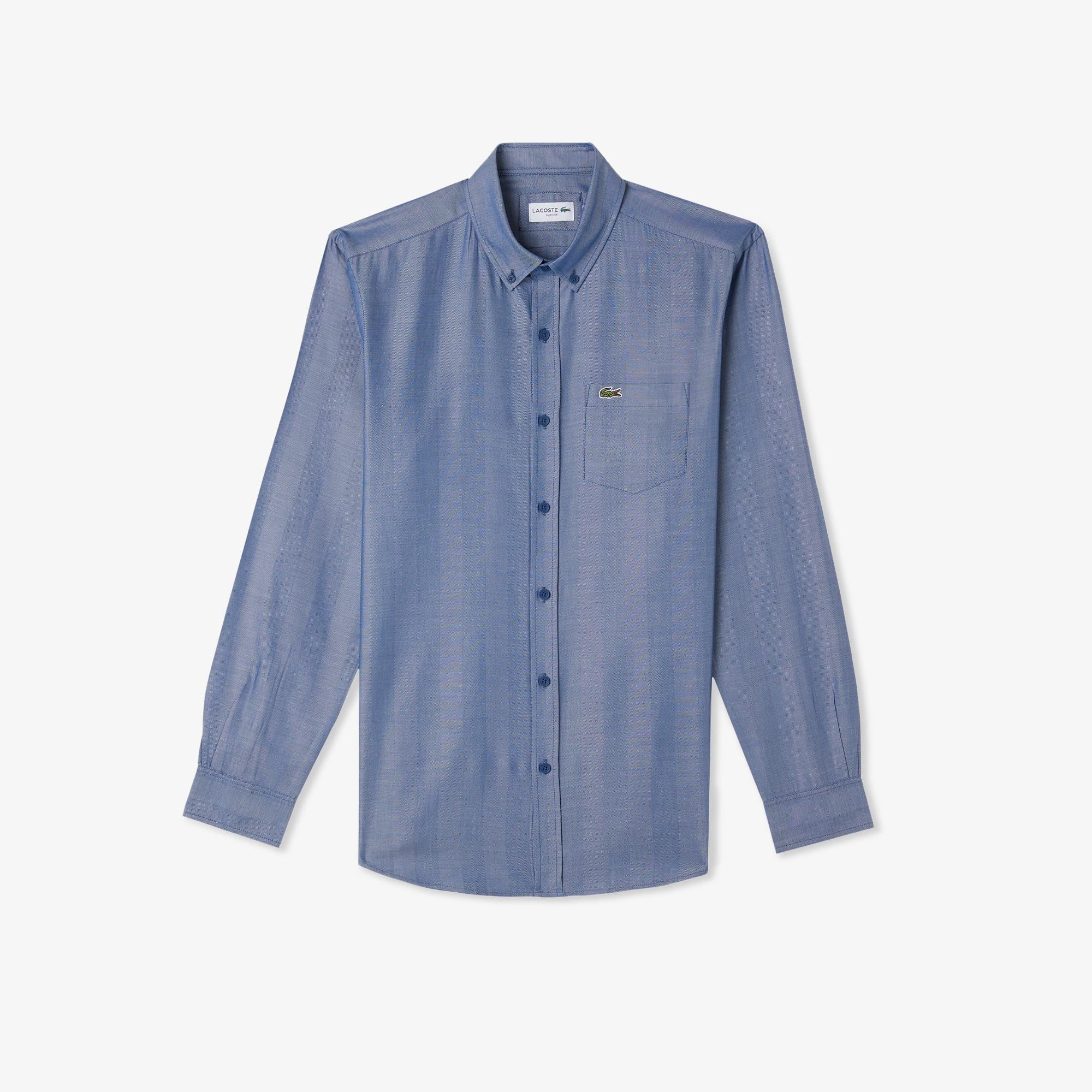 Erkek Slim Fit Düğmeli Yaka Koyu Mavi Gömlek