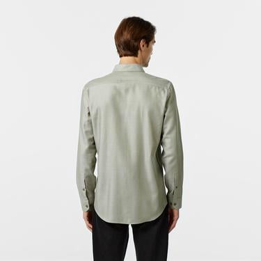  Erkek Slim Fit Düğmeli Yaka Haki Gömlek
