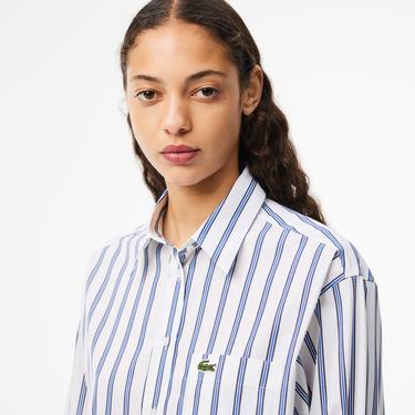  Lacoste Kadın Oversize Çizgili Beyaz Gömlek