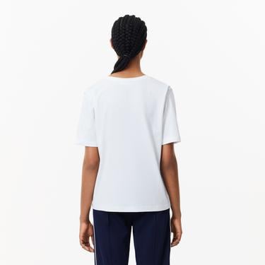  Lacoste Kadın Relaxed Fit V Yaka Beyaz T-Shirt