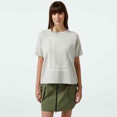  Kadın Loose Fit Bisiklet Yaka Baskılı Gri T-Shirt