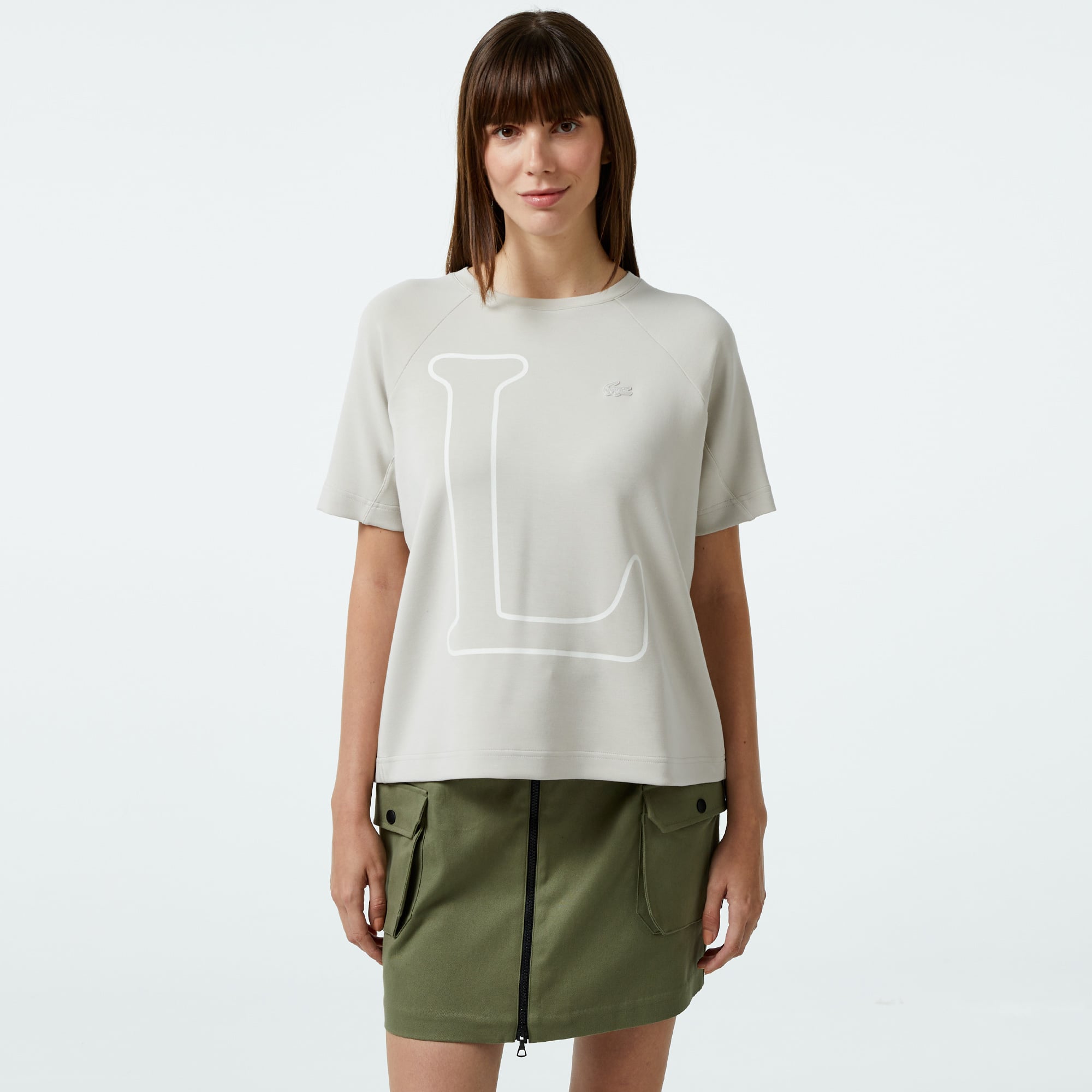  Kadın Loose Fit Bisiklet Yaka Baskılı Gri T-Shirt