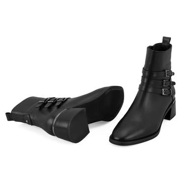  Kadın Siyah Kemer Aksesuarlı Topuklu Deri Bot