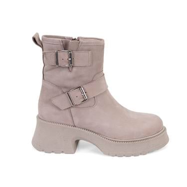  Kadın Bej Kemer Aksesuarlı Topuklu Deri Bot