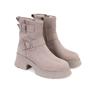  Kadın Bej Kemer Aksesuarlı Topuklu Deri Bot