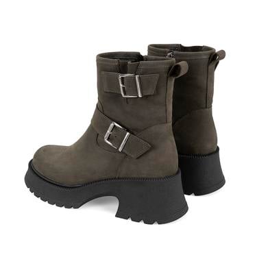  Kadın Yeşil Kemer Aksesuarlı Topuklu Deri Bot