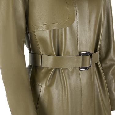  Kadın Haki Uzun Gömlek Yaka Deri Trençkot