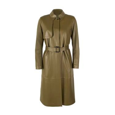  Kadın Haki Uzun Gömlek Yaka Deri Trençkot