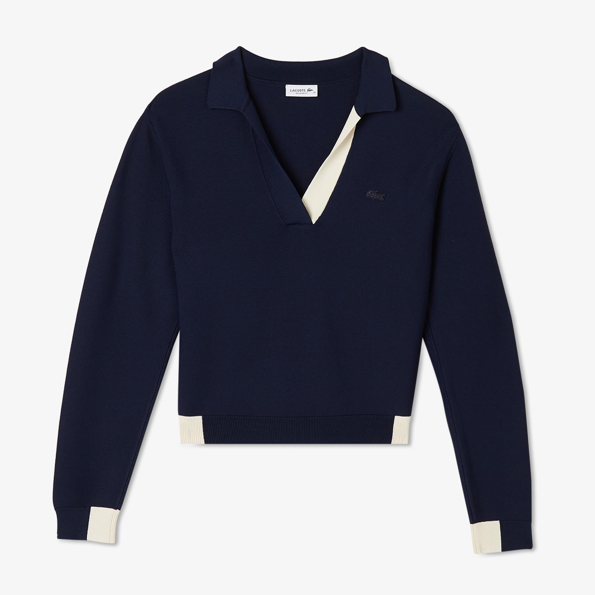 Kadın Regular Fit Polo Yaka Renk Bloklu Lacivert Triko