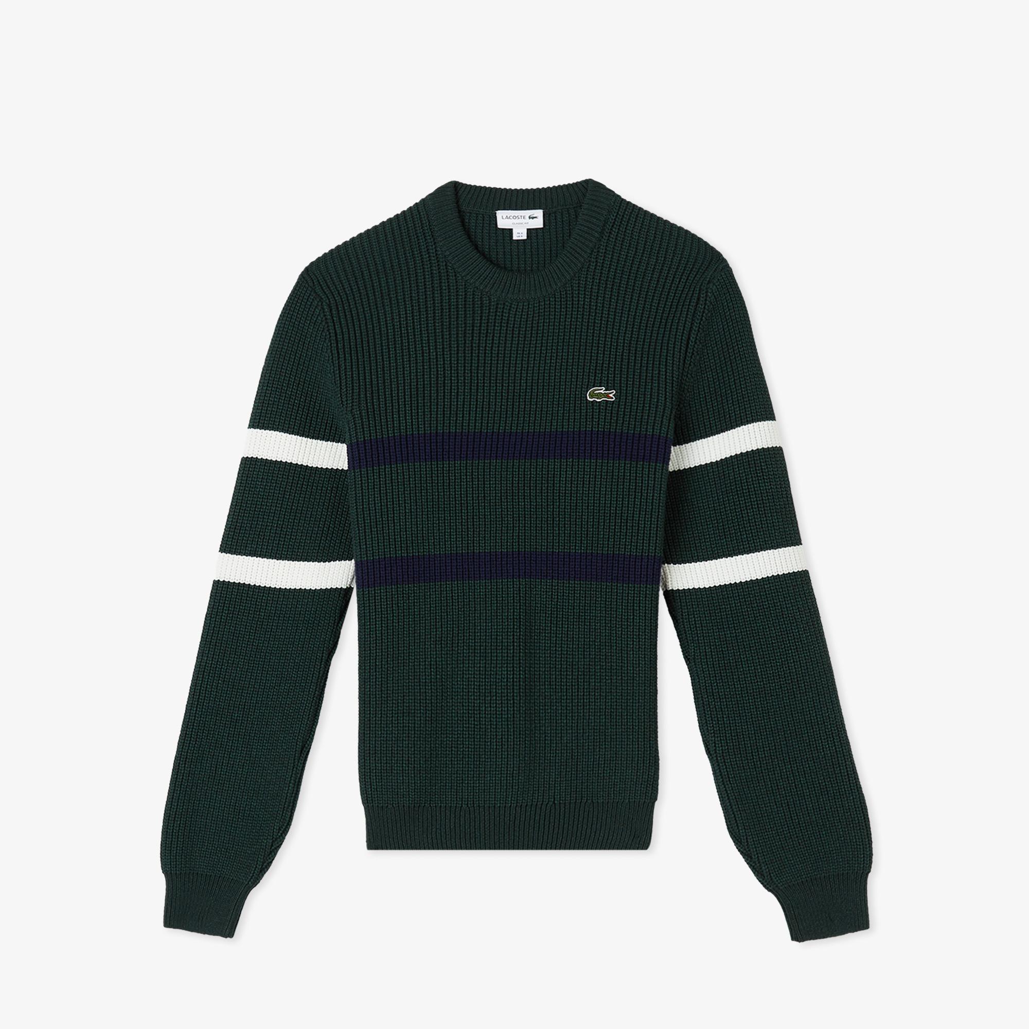 Erkek Relaxed Fit Bisiklet Yaka Çizgili Koyu Yeşil Kazak