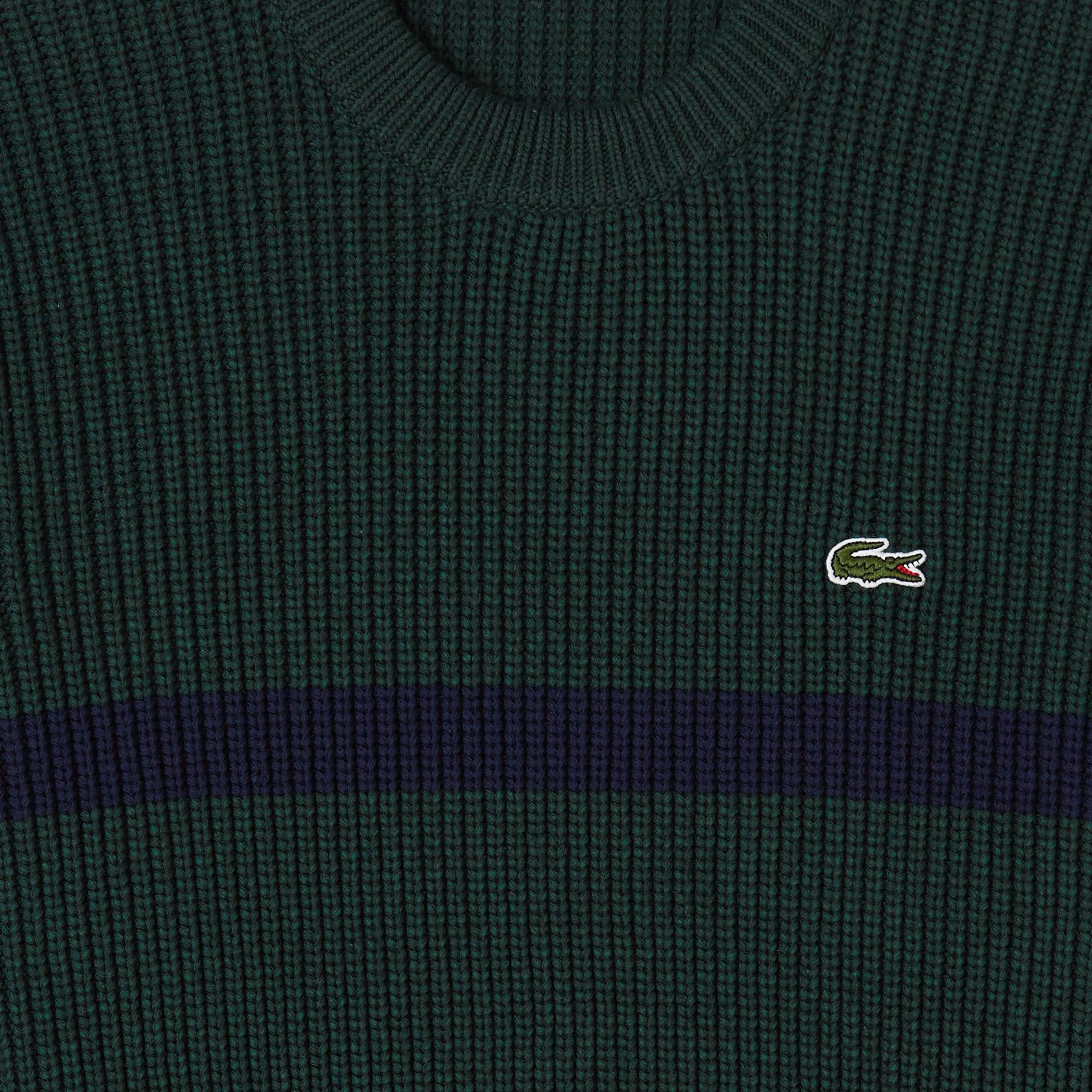 Erkek Relaxed Fit Bisiklet Yaka Çizgili Koyu Yeşil Kazak