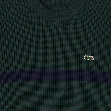  Erkek Relaxed Fit Bisiklet Yaka Çizgili Koyu Yeşil Kazak