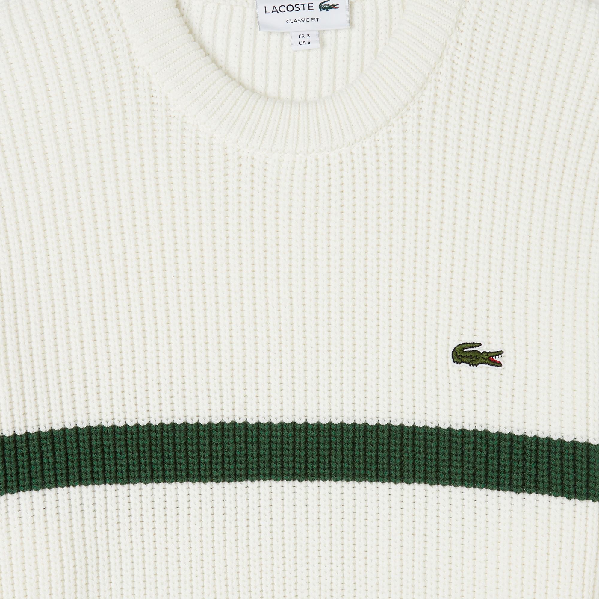 Erkek Relaxed Fit Bisiklet Yaka Çizgili Beyaz Kazak