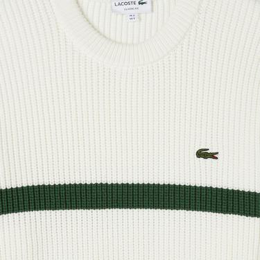  Erkek Relaxed Fit Bisiklet Yaka Çizgili Beyaz Kazak