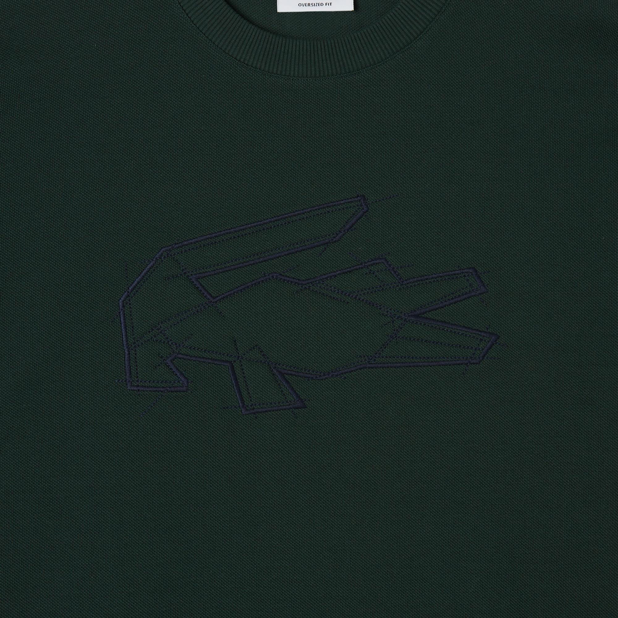 Erkek Oversize Fit Bisiklet Yaka Baskılı Koyu Yeşil T-Shirt