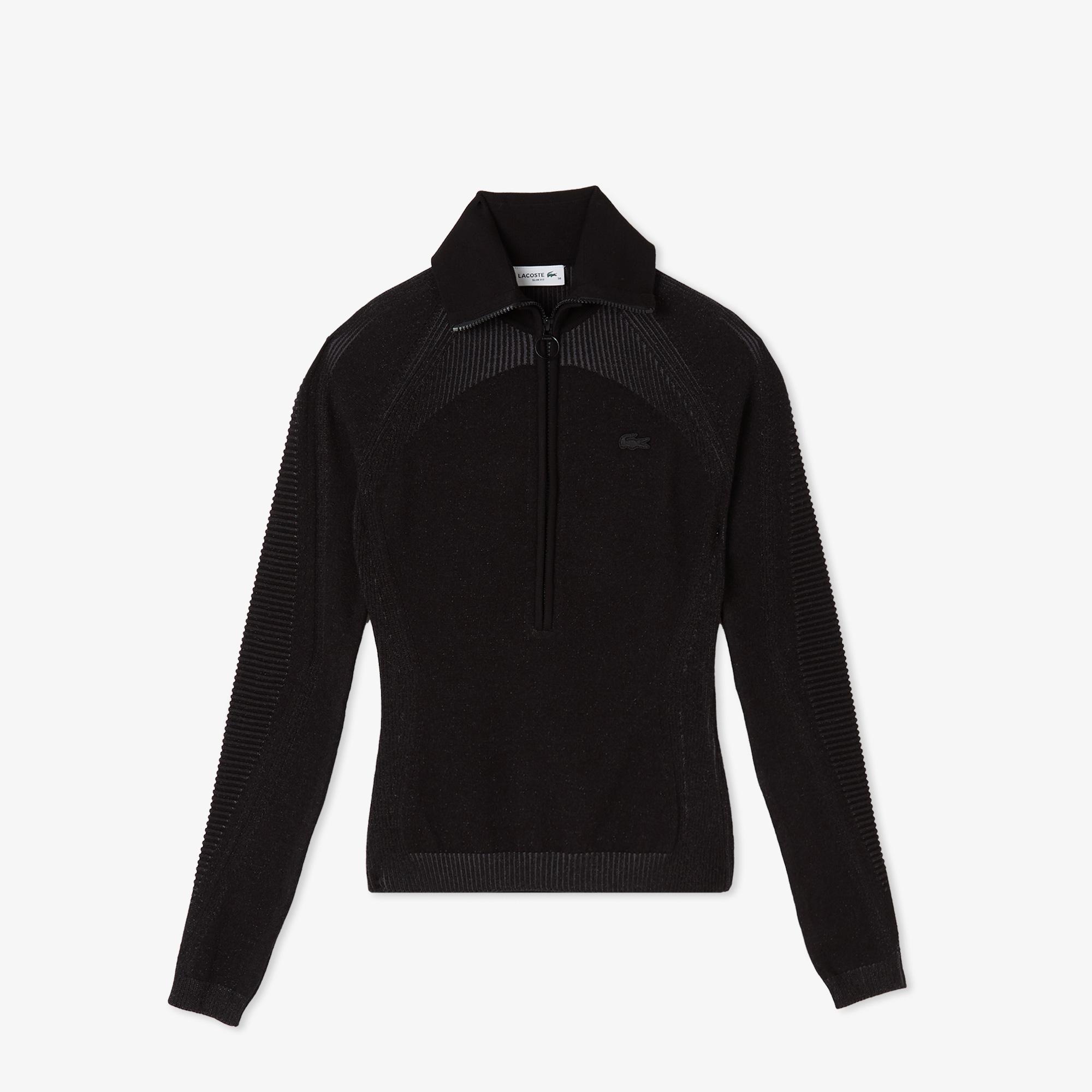 Kadın Slim Fit Yarım Fermuarlı Siyah Triko