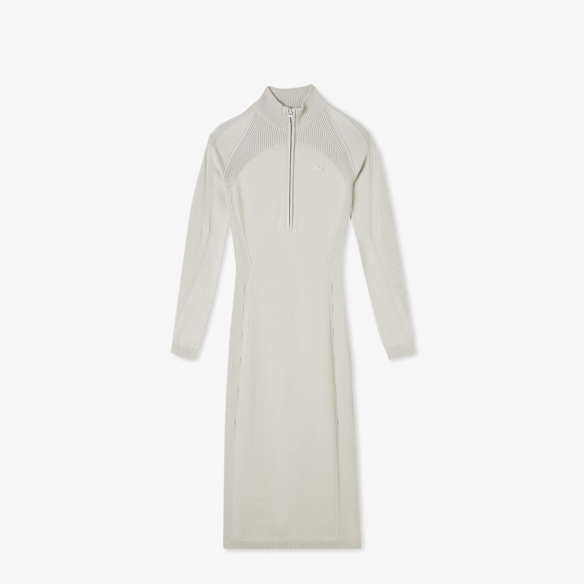 Kadın Slim Fit Uzun Kollu Yarım Fermuarlı Gri Elbise