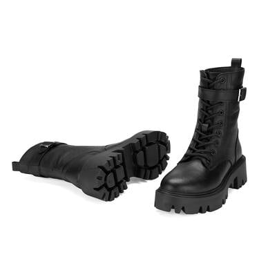  Kadın Siyah Bağcıklı Deri Postal Bot