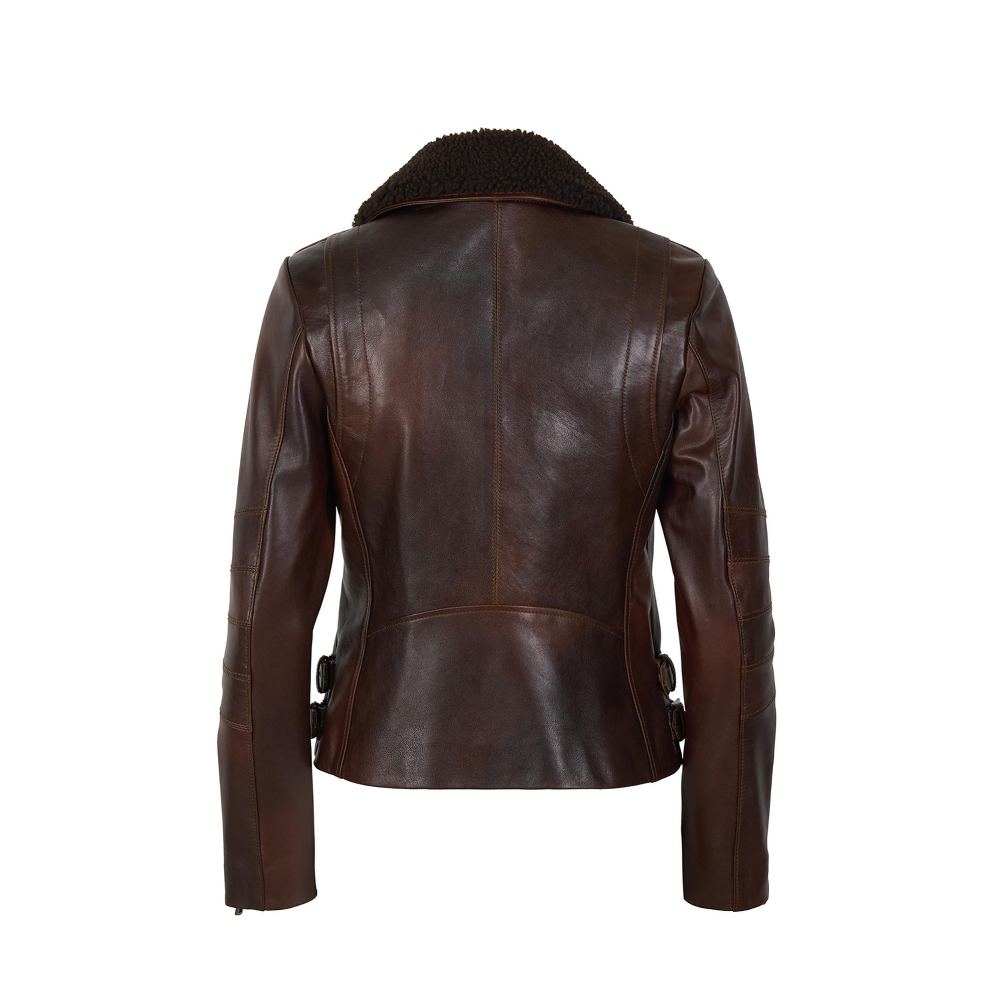 Klavine Kahve Kürk Yakalı Kadın Deri Ceket