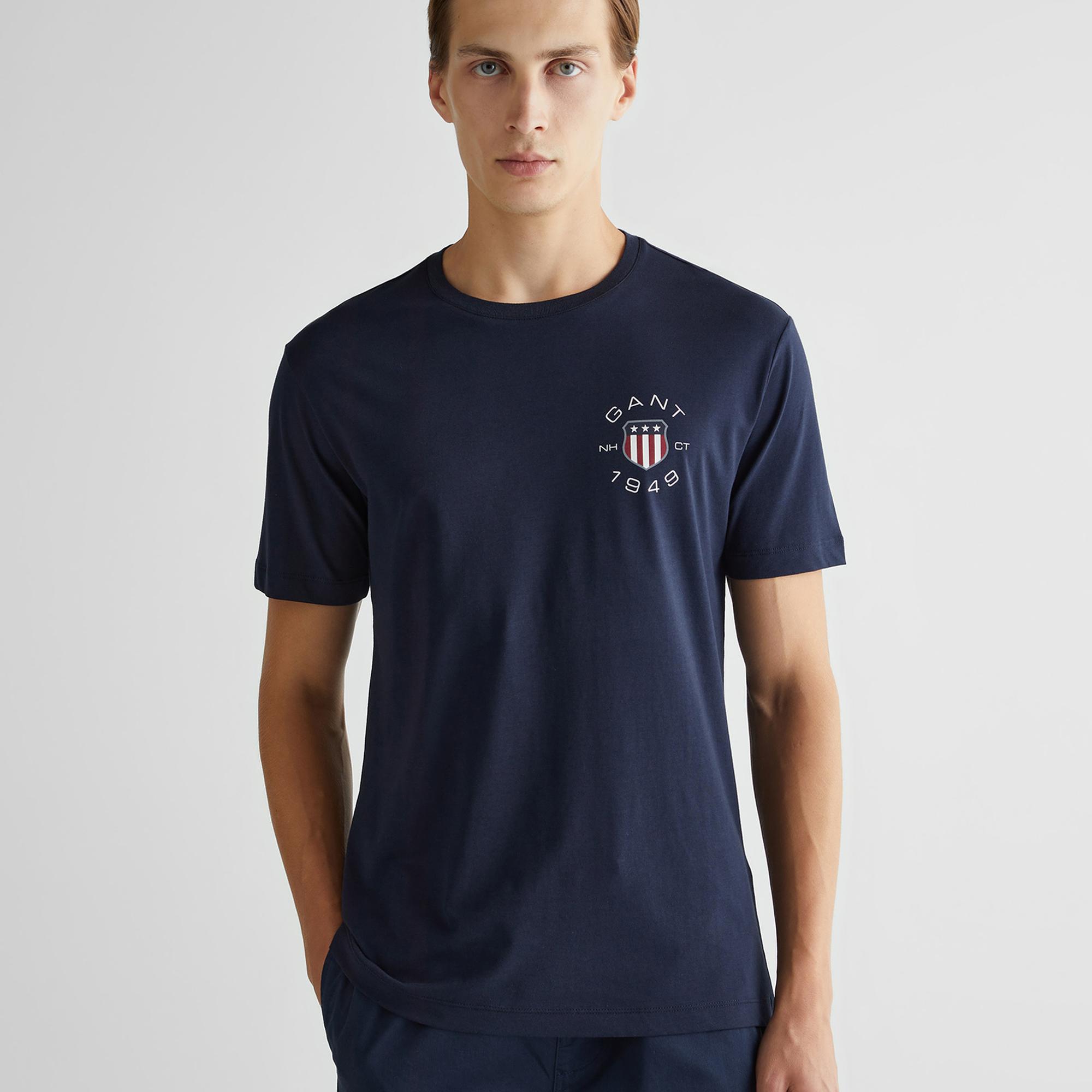 GANT Erkek Lacivert Regular Fit Bisiklet Yaka Logolu T-Shirt