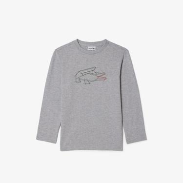  Lacoste Erkek Çocuk Uzun Kollu Bisiklet Yaka Baskılı Gri T-Shirt