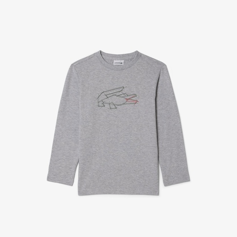  Lacoste Erkek Çocuk Uzun Kollu Bisiklet Yaka Baskılı Gri T-Shirt