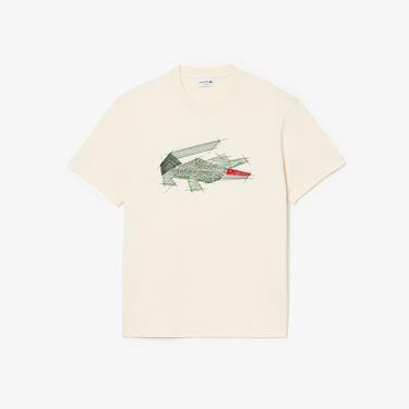  Lacoste Erkek Classic Fit Bisiklet Yaka Baskılı Krem T-Shirt