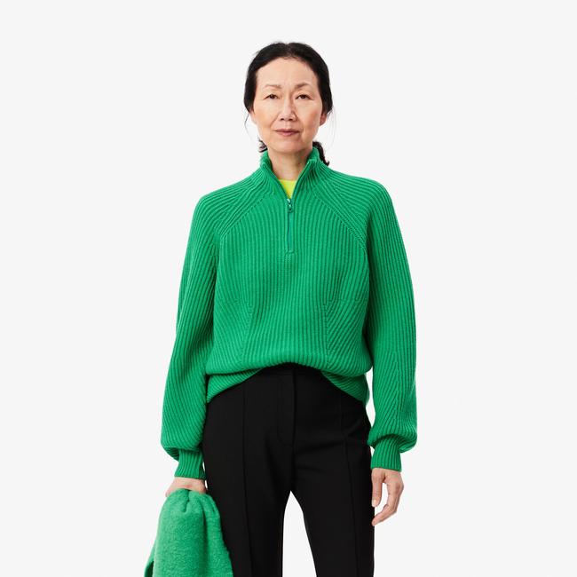  Kadın Relaxed Fit Fermuarlı Yün Yeşil Kazak