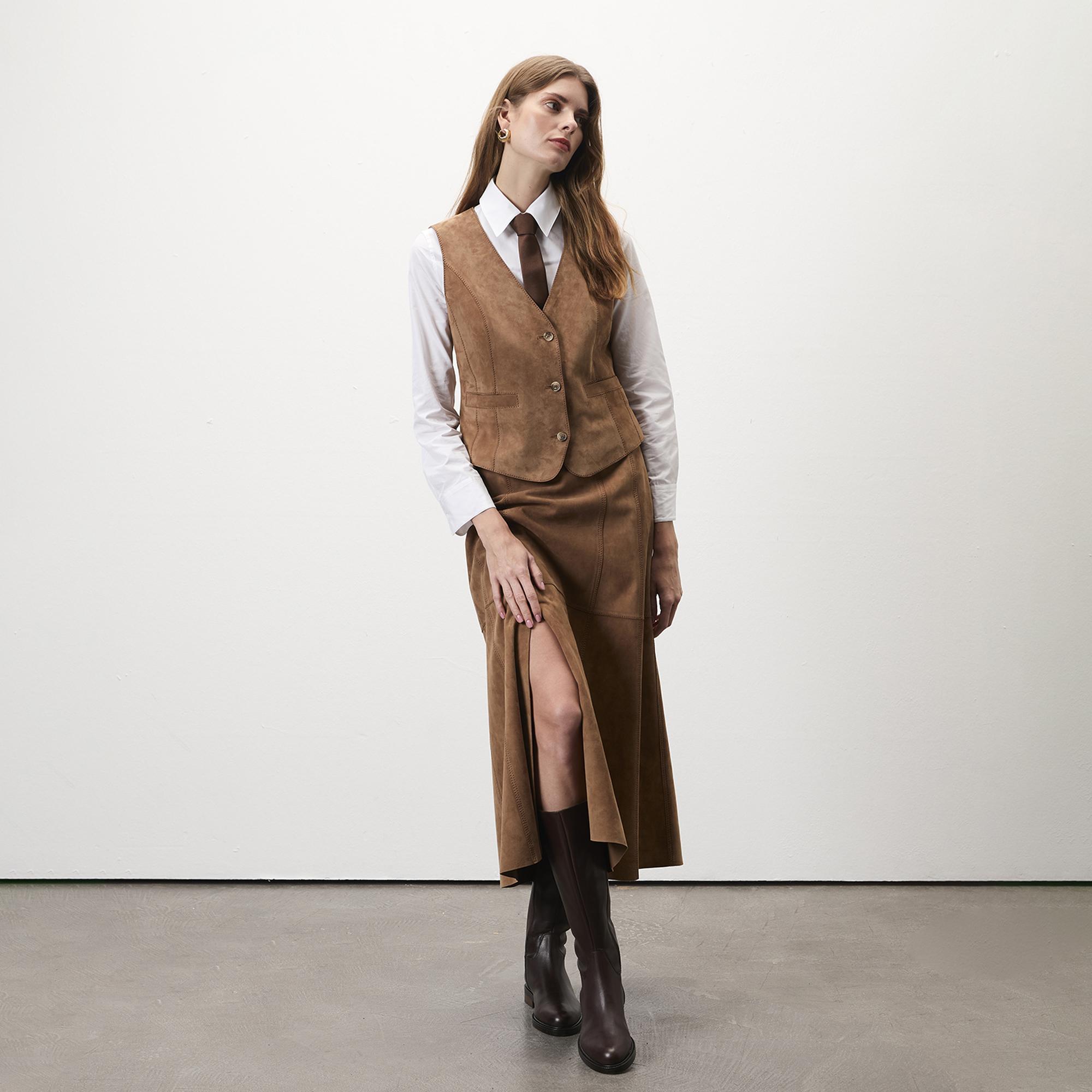 Alaqua Kahve Kadın Süet Deri Yelek