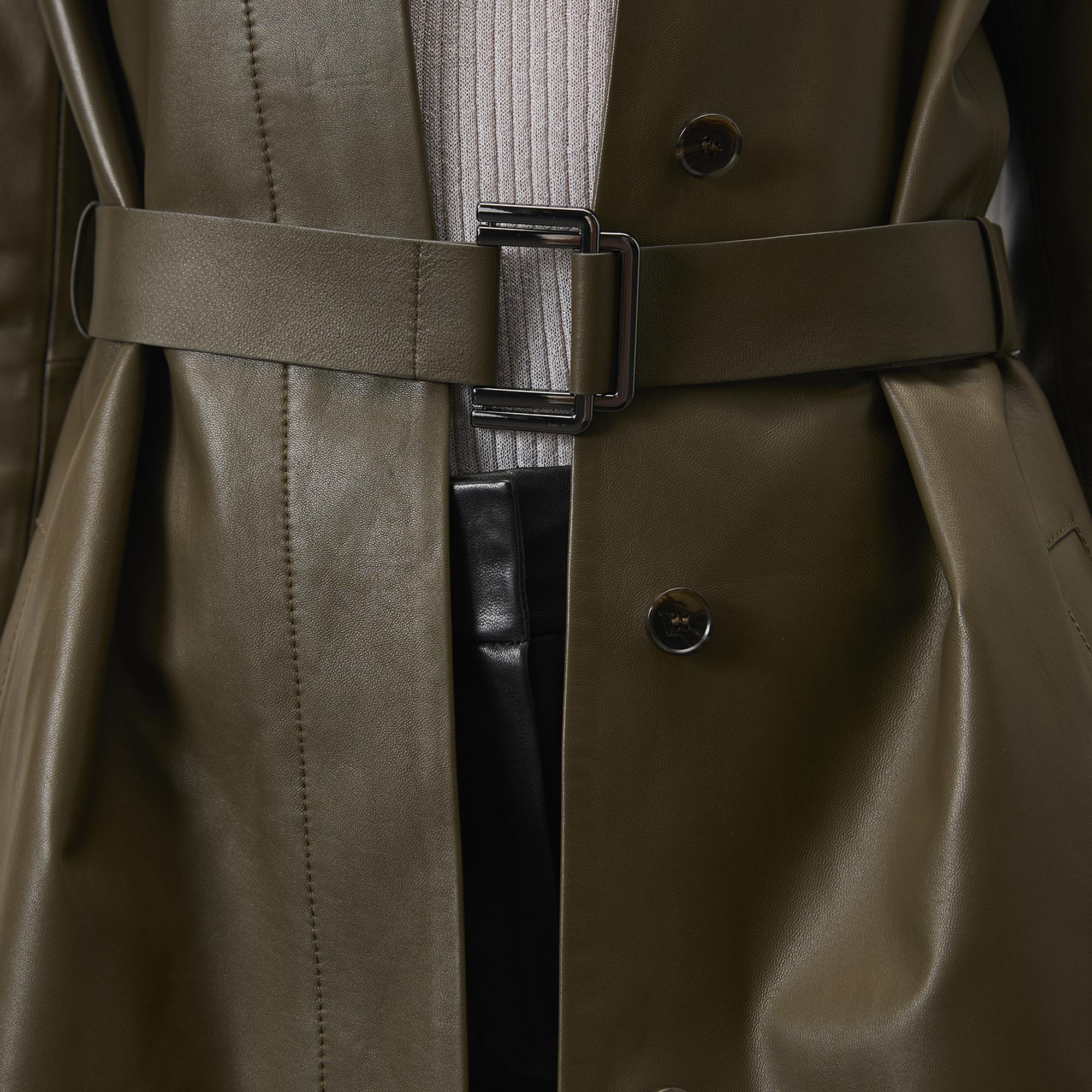 Kadın Haki Uzun Gömlek Yaka Deri Trençkot