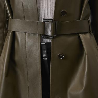  Kadın Haki Uzun Gömlek Yaka Deri Trençkot