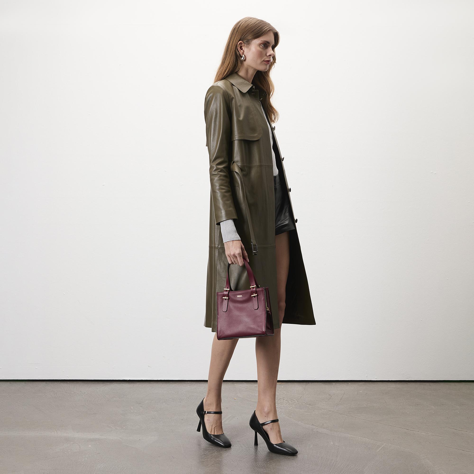 Kadın Haki Uzun Gömlek Yaka Deri Trençkot