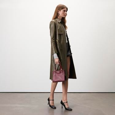  Kadın Haki Uzun Gömlek Yaka Deri Trençkot