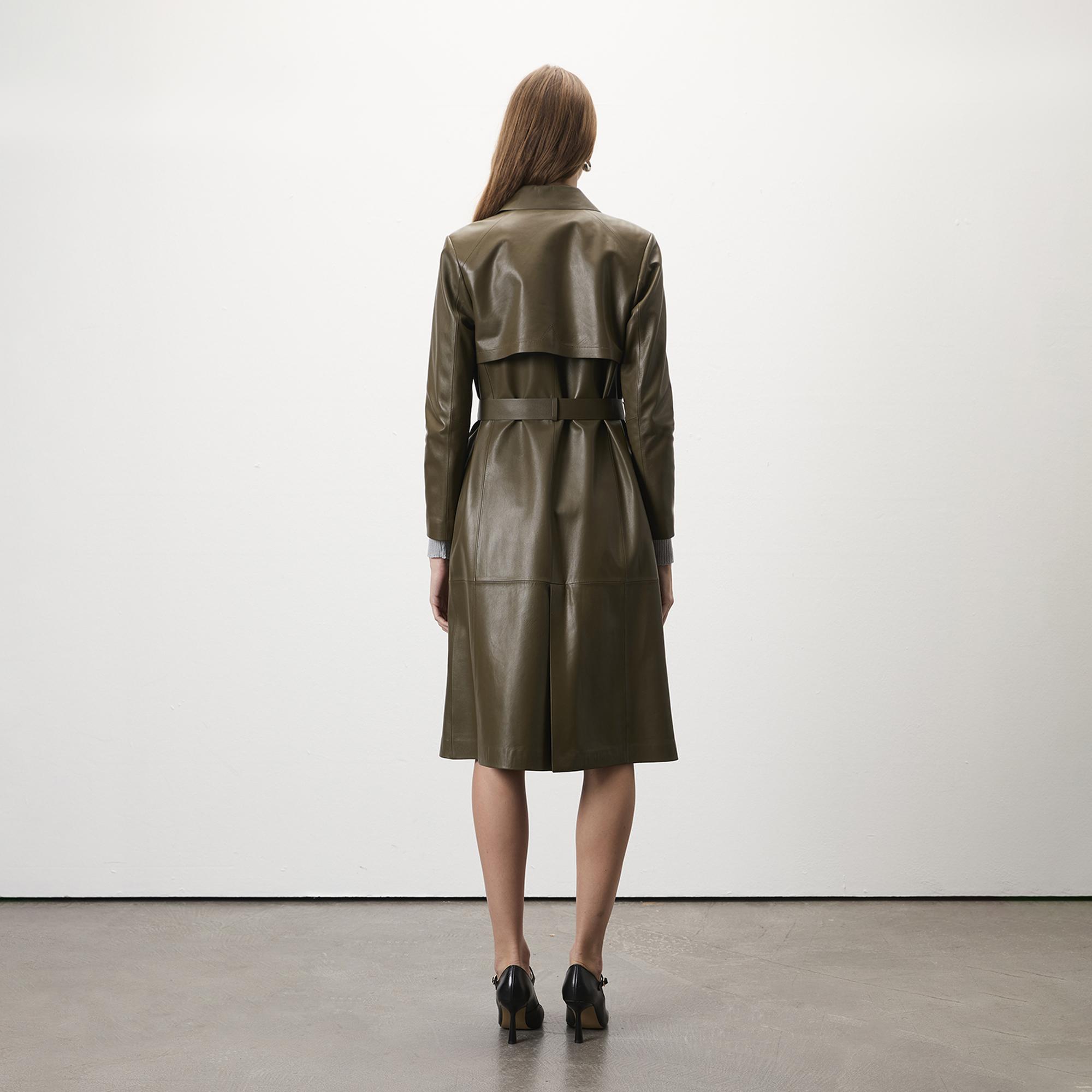 Kadın Haki Uzun Gömlek Yaka Deri Trençkot