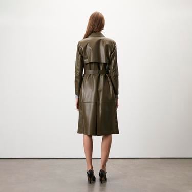  Kadın Haki Uzun Gömlek Yaka Deri Trençkot