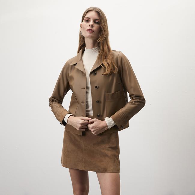  Kadın Açık Kahve Kısa Gömlek Yaka Deri Ceket