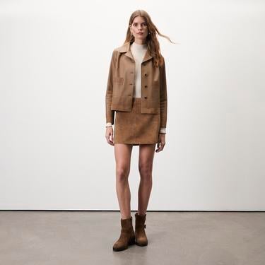  Kadın Açık Kahve Kısa Gömlek Yaka Deri Ceket