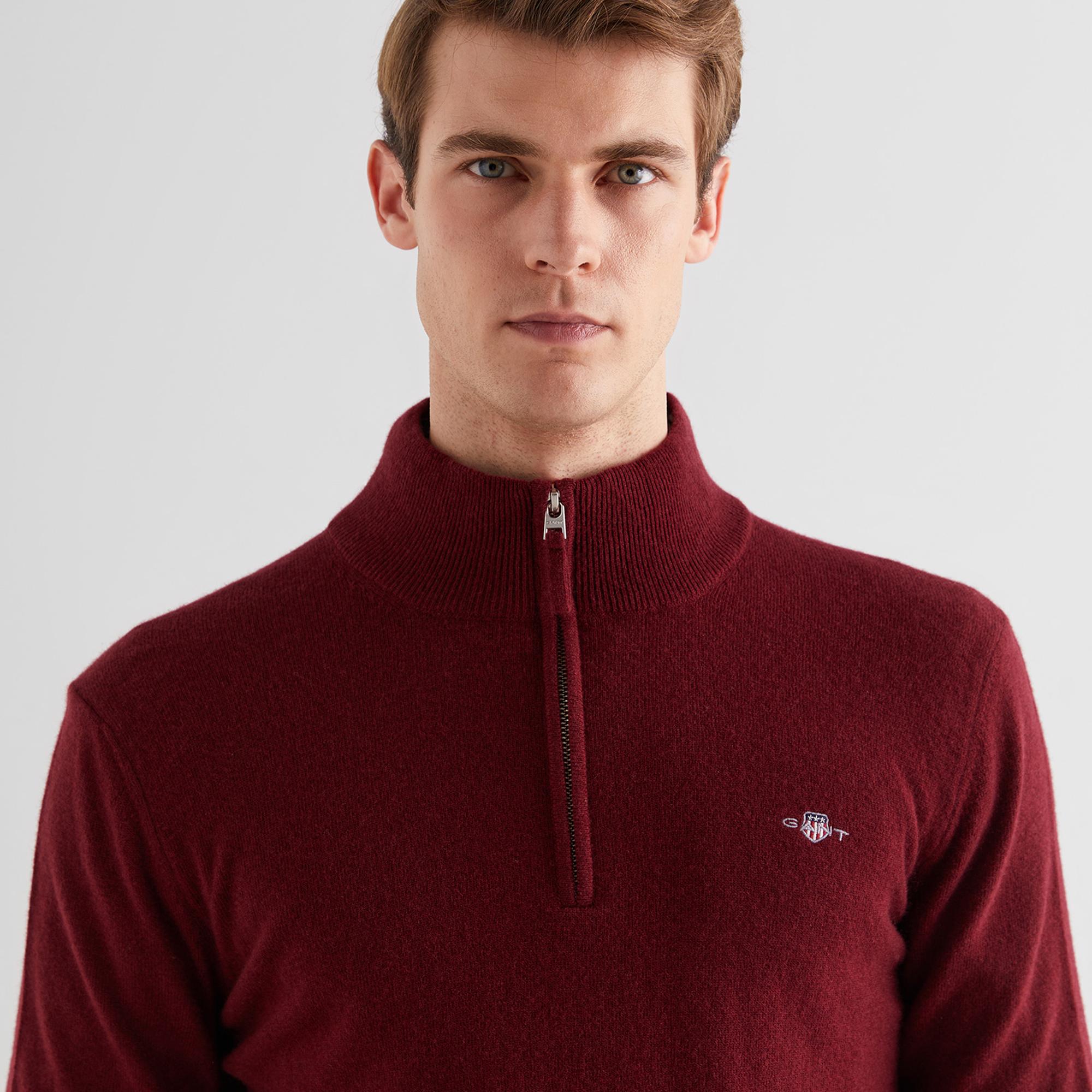 GANT Erkek Bordo Regular Fit Yarım Fermuarlı Yün Kazak