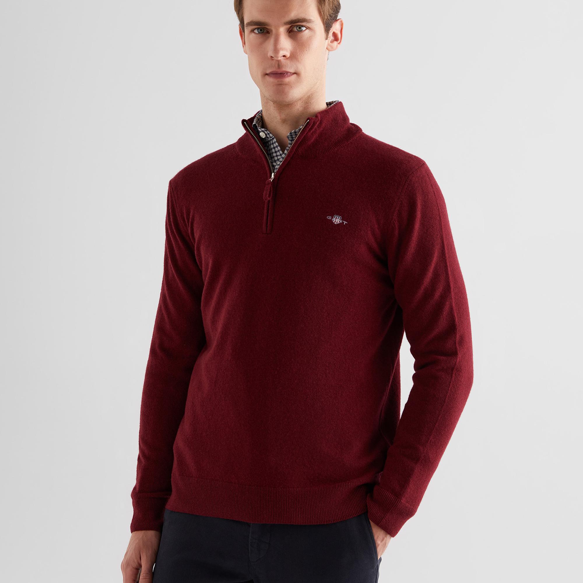 GANT Erkek Bordo Regular Fit Yarım Fermuarlı Yün Kazak