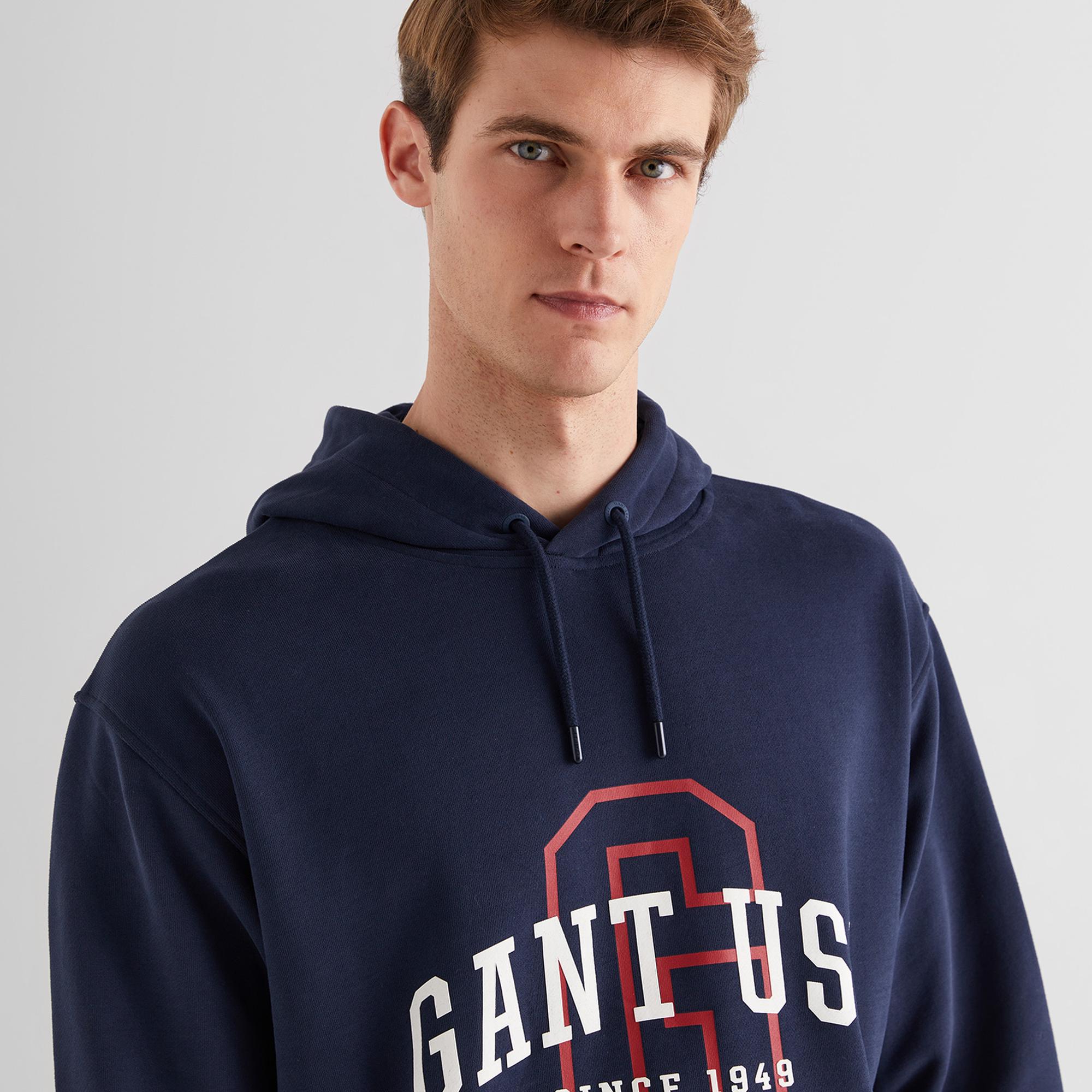 GANT Erkek Lacivert Relaxed Fit Kapüşonlu Logolu Sweatshirt