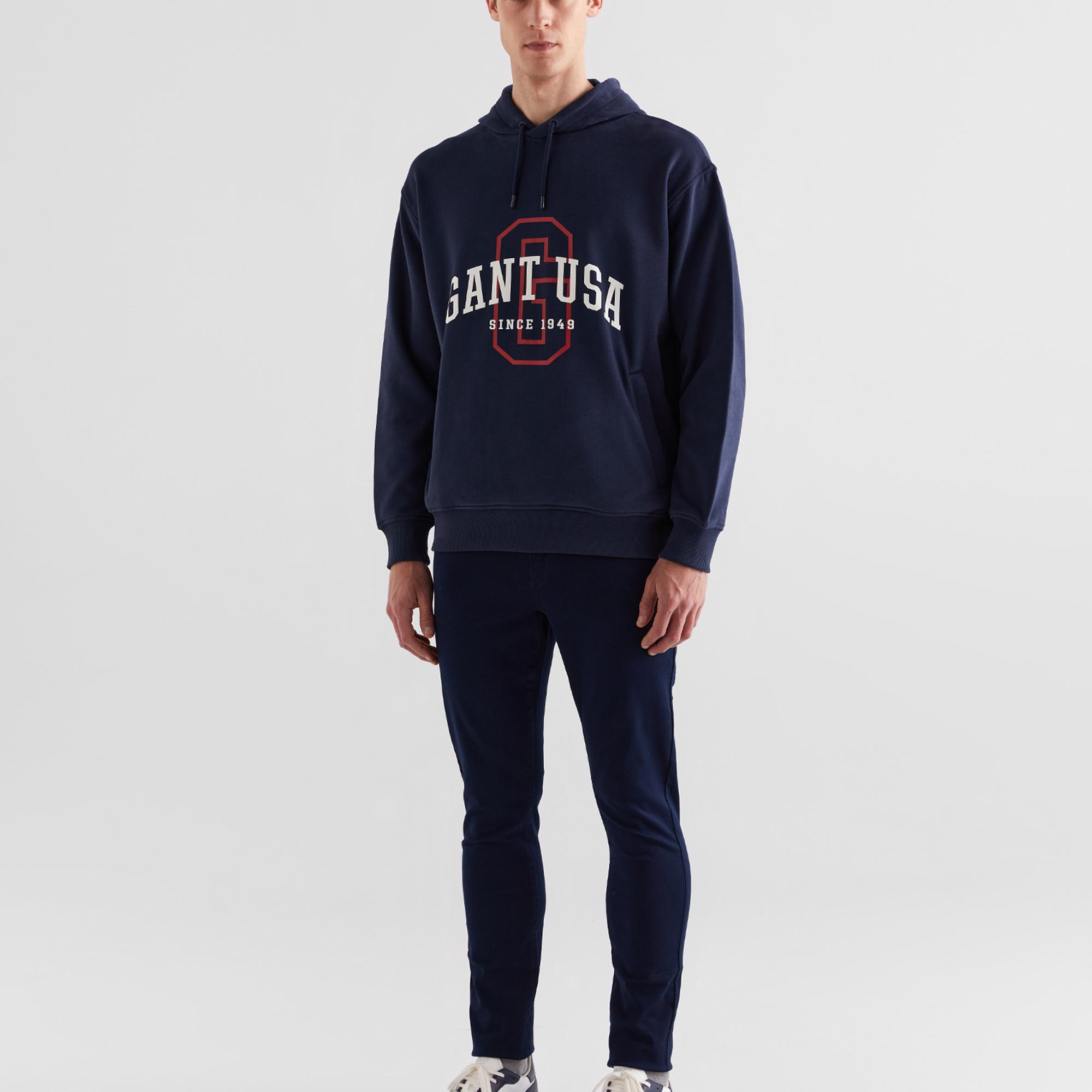 GANT Erkek Lacivert Relaxed Fit Kapüşonlu Logolu Sweatshirt