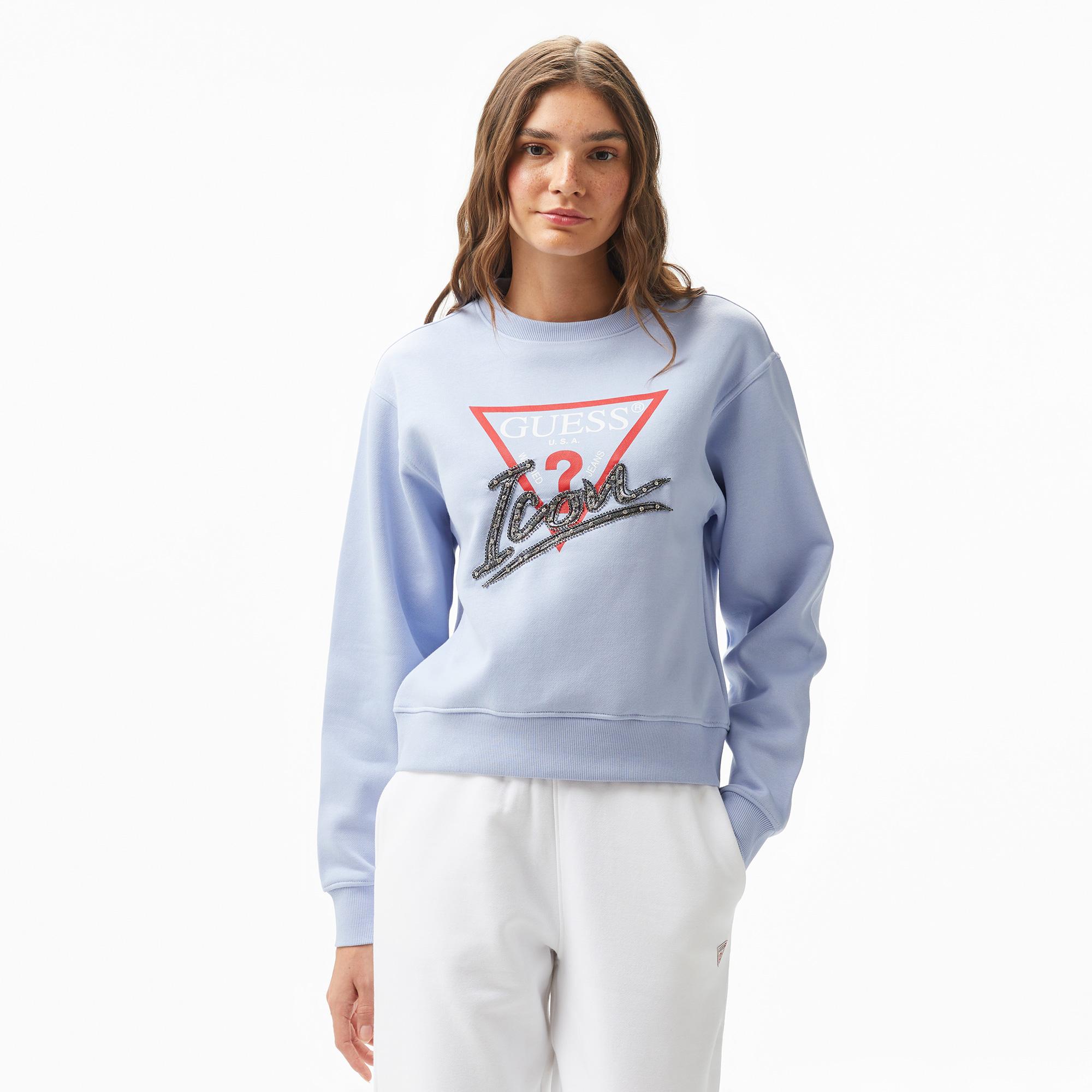 Guess Icon Organic Cotton Poly Fleece 320 Kadın Mavi Sweatshirt