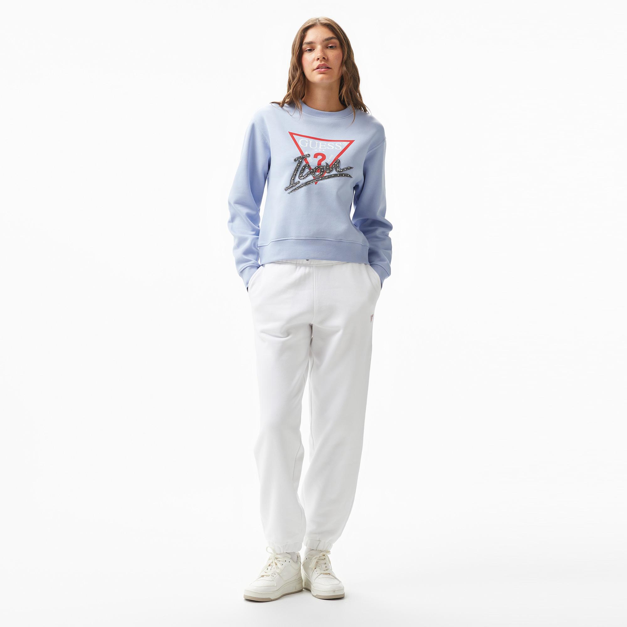 Guess Icon Organic Cotton Poly Fleece 320 Kadın Mavi Sweatshirt