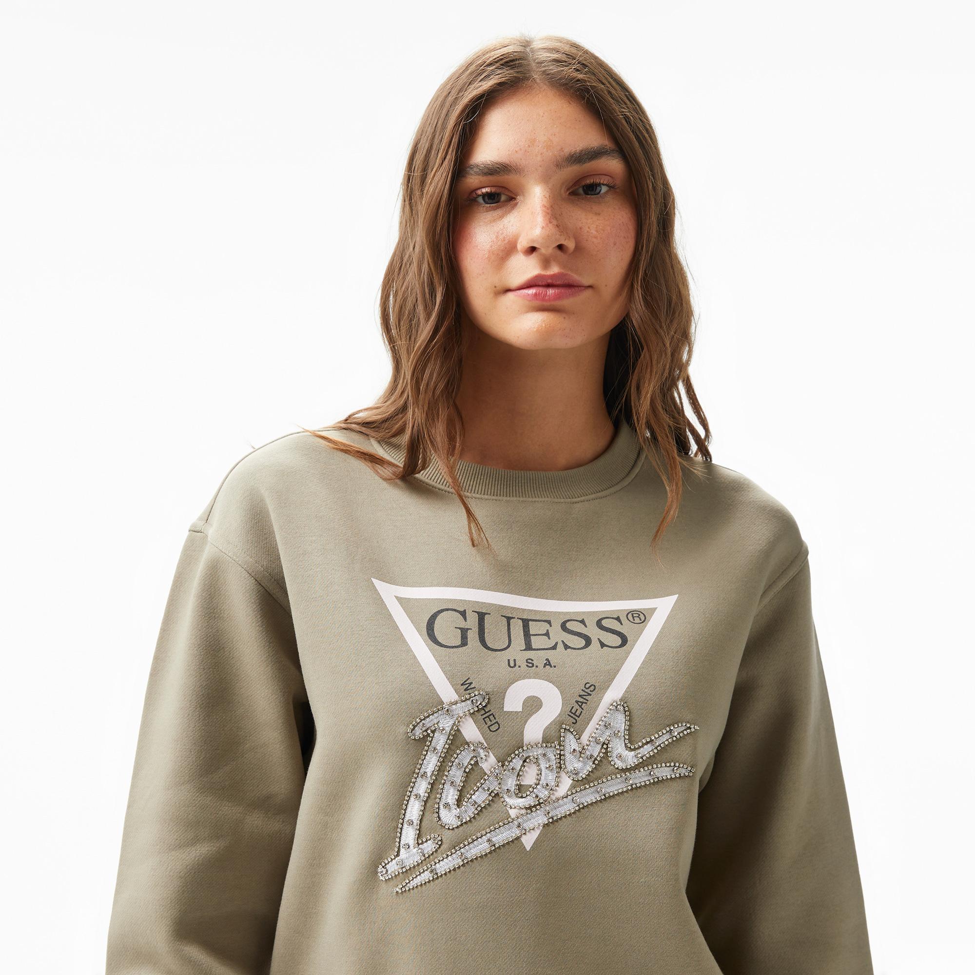 Guess Icon Organic Cotton Poly Fleece 320 Kadın Haki Sweatshirt