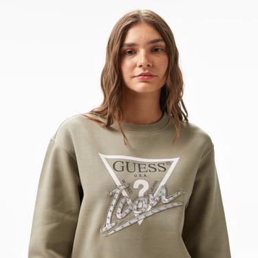  Guess Icon Organic Cotton Poly Fleece 320 Kadın Haki Sweatshirt