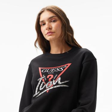  Guess Icon Organic Cotton Poly Fleece 320 Kadın Siyah Sweatshirt