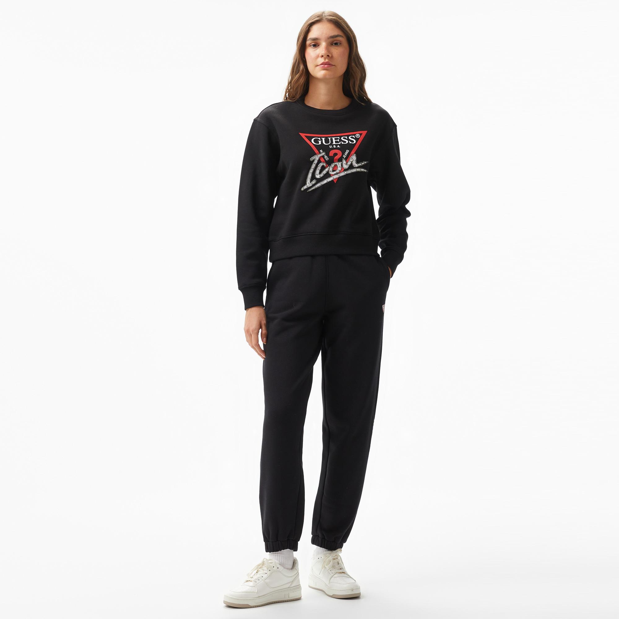 Guess Icon Organic Cotton Poly Fleece 320 Kadın Siyah Sweatshirt