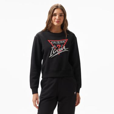  Guess Icon Organic Cotton Poly Fleece 320 Kadın Siyah Sweatshirt