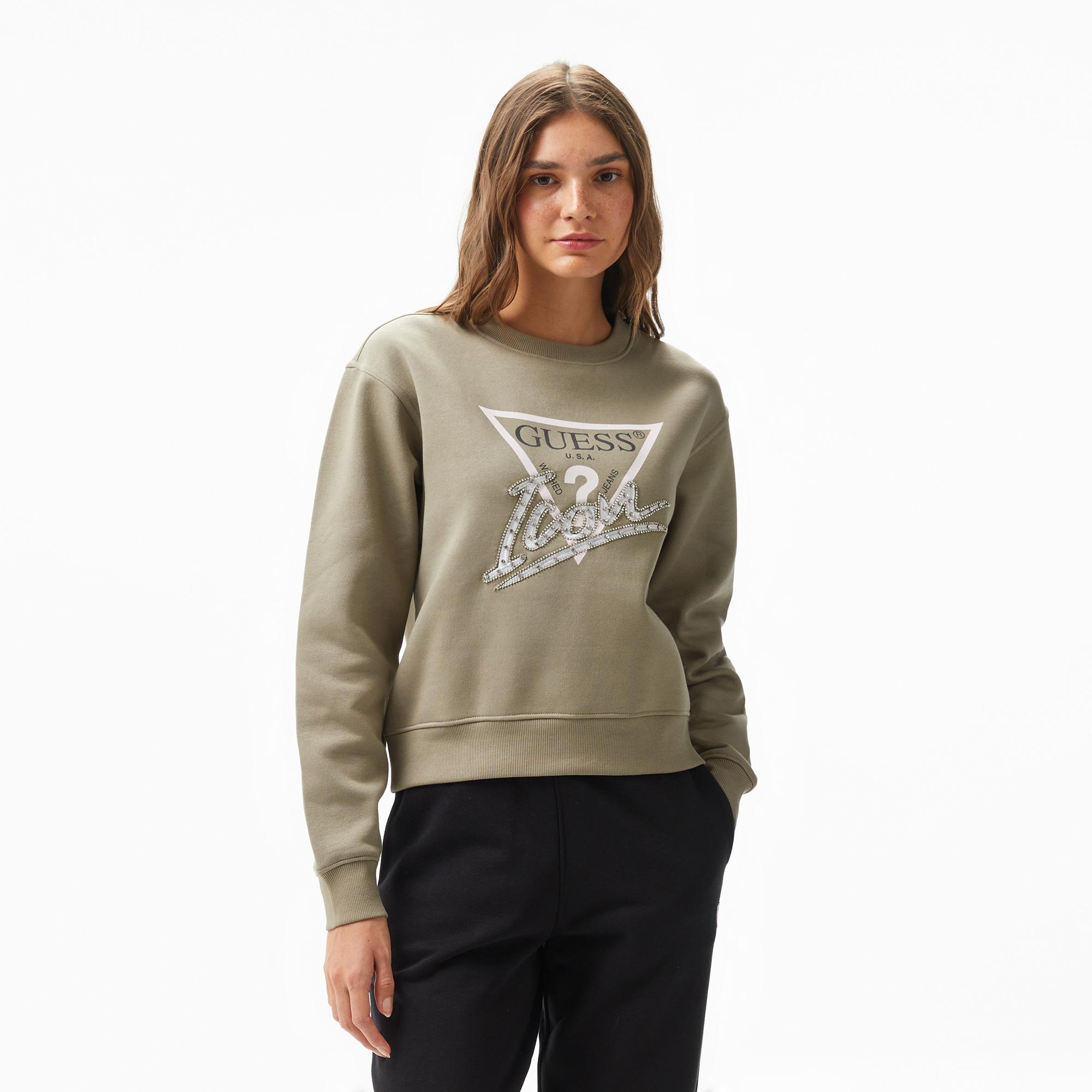Guess Icon Organic Cotton Poly Fleece 320 Kadın Haki Sweatshirt