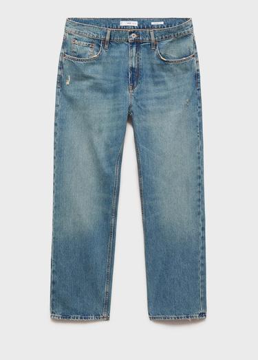  Mango Erkek Yırtık Açık Yıkama Düz Kesim Jean Orta Vintage Mavi